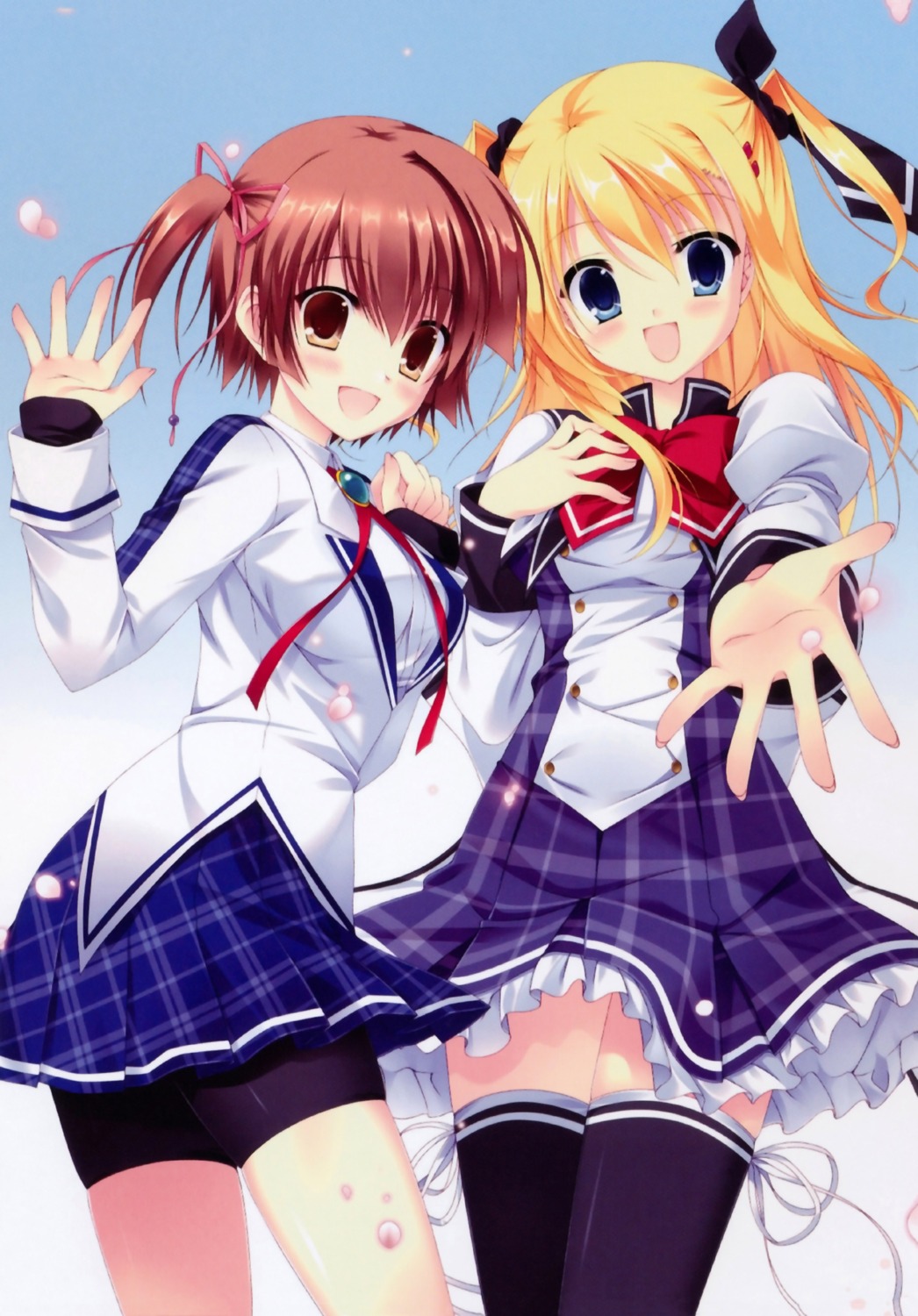 bike_shorts, da_capo_(series), da_capo_iii, hinomoto_aoi, morizono_ricca, seifuku, tanihara_natsuki, thighhighs