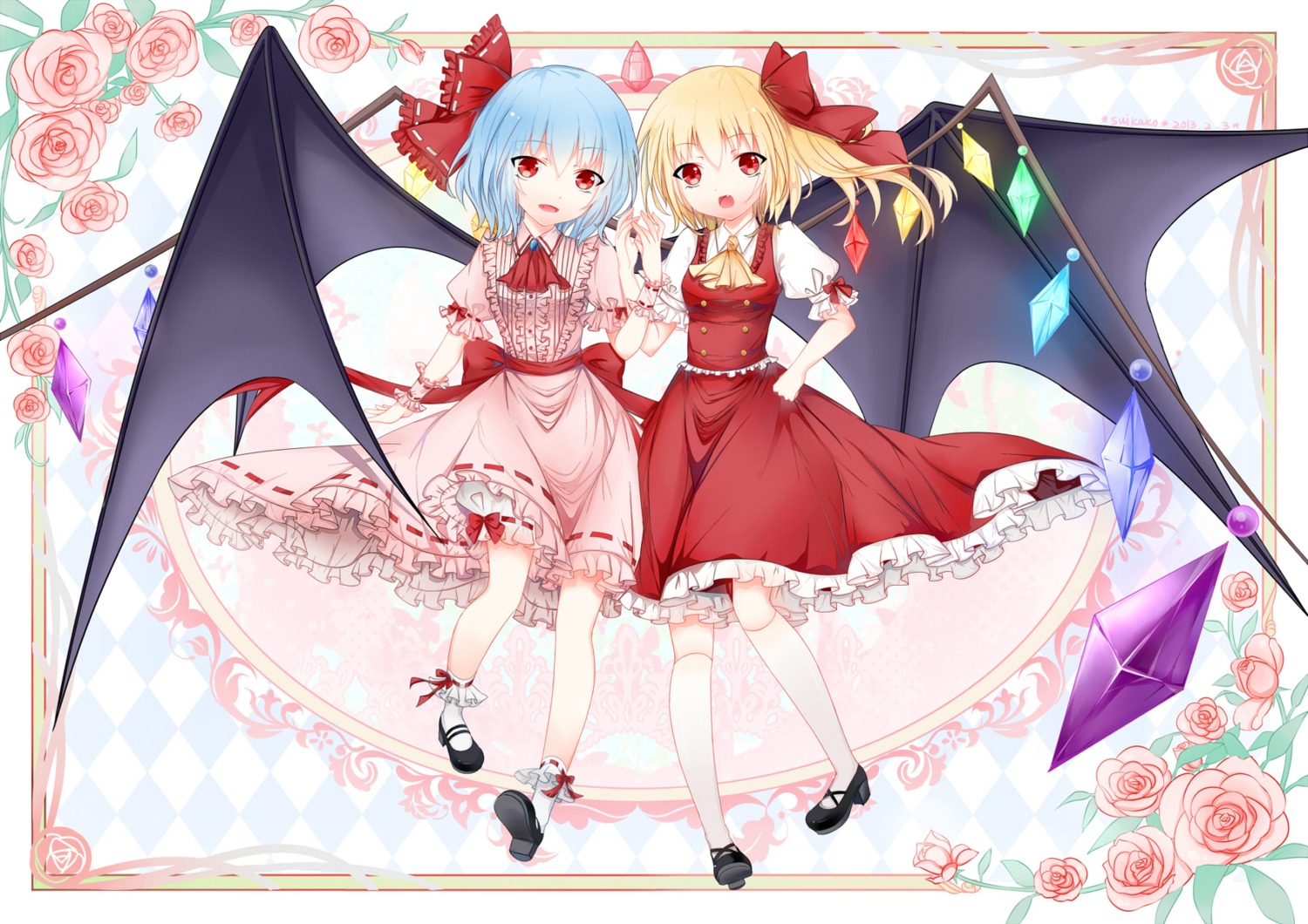 flandre_scarlet, huayue, remilia_scarlet, touhou, wings