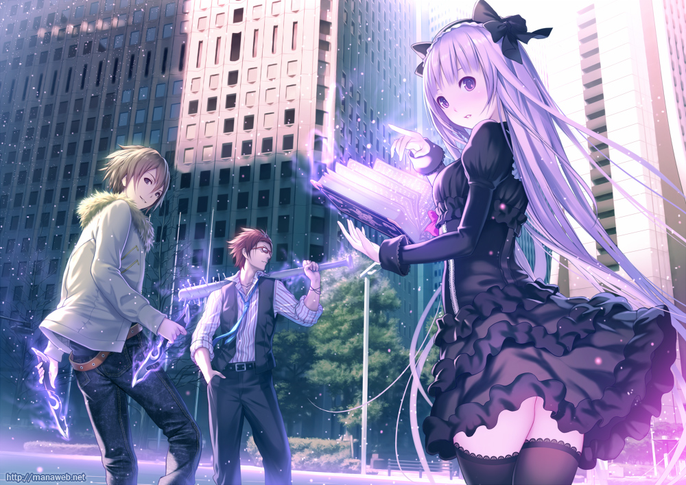 dress, mana_kakkowarai, thighhighs, weapon