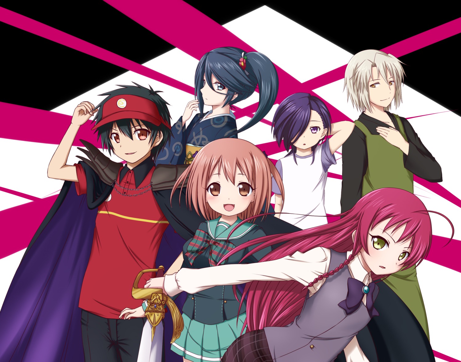 ashiya_shirou, hataraku_maou-sama!, kamazuki_suzuno, kimono, kuena, maou_sadao, sasaki_chiho, seifuku
