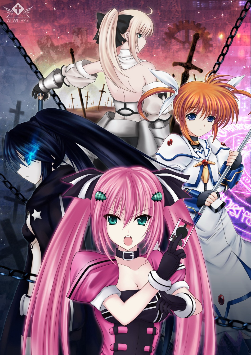 amano_yuki, artoria_pendragon_(fate), black_rock_shooter, black_rock_shooter_(character), crossover, fate/stay_night, fate/unlimited_codes, genderswap, kamen_rider, kamen_rider_dcd, kamen_rider_decade, mahou_shoujo_lyrical_nanoha, takamachi_nanoha, vocaloid