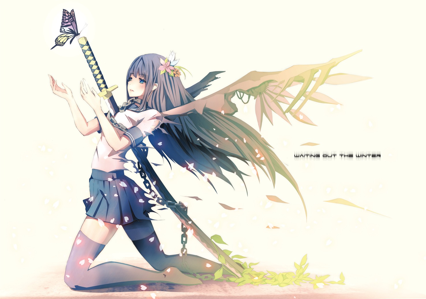 meron_to_maria, seifuku, stockings, sword, thighhighs, torn_clothes, wings