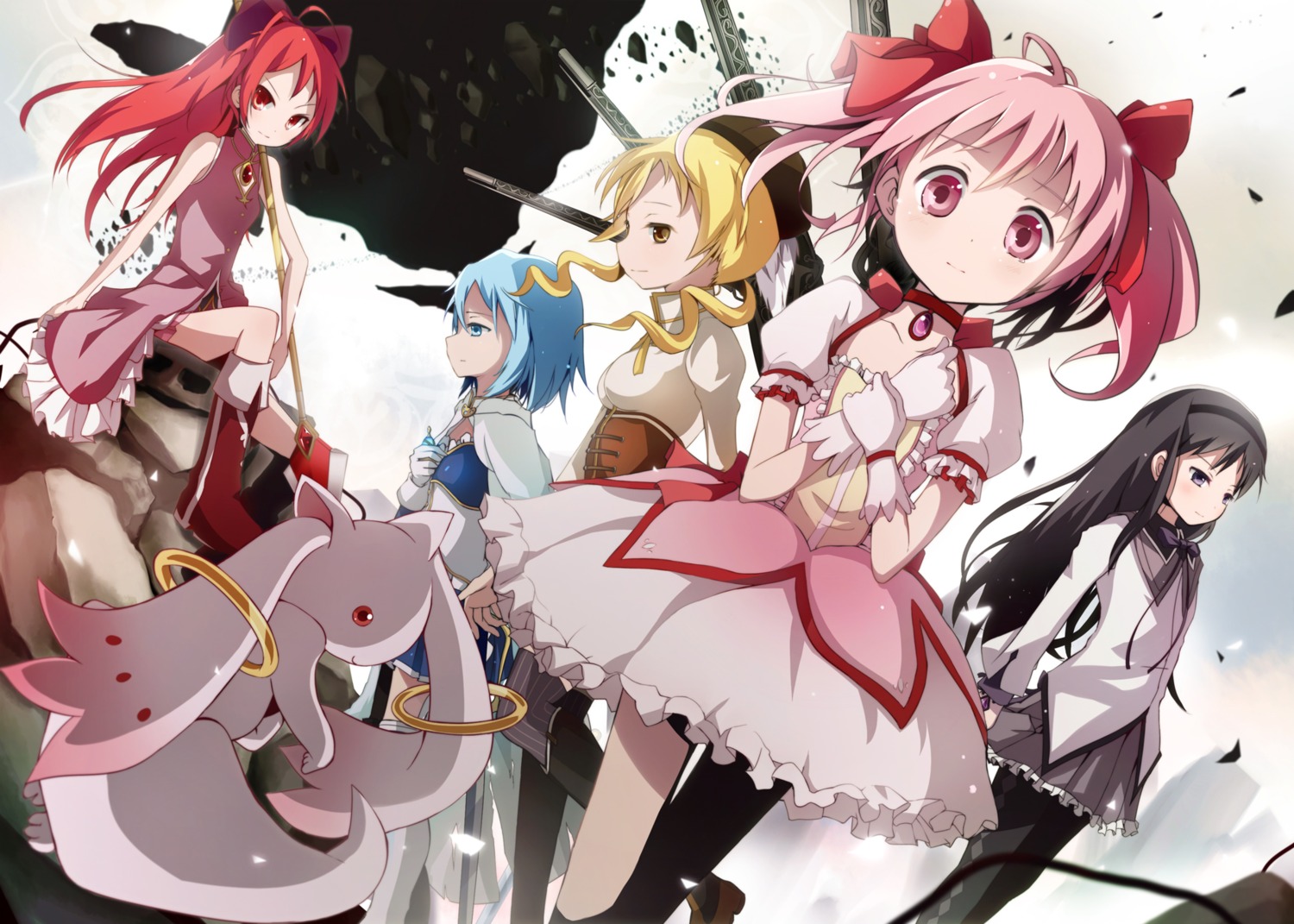 akemi_homura, gun, kaname_madoka, kyubey, mahou_shoujo_madoka_magica, miki_sayaka, pantyhose, sakura_kyouko, taicho, thighhighs, tomoe_mami, weapon