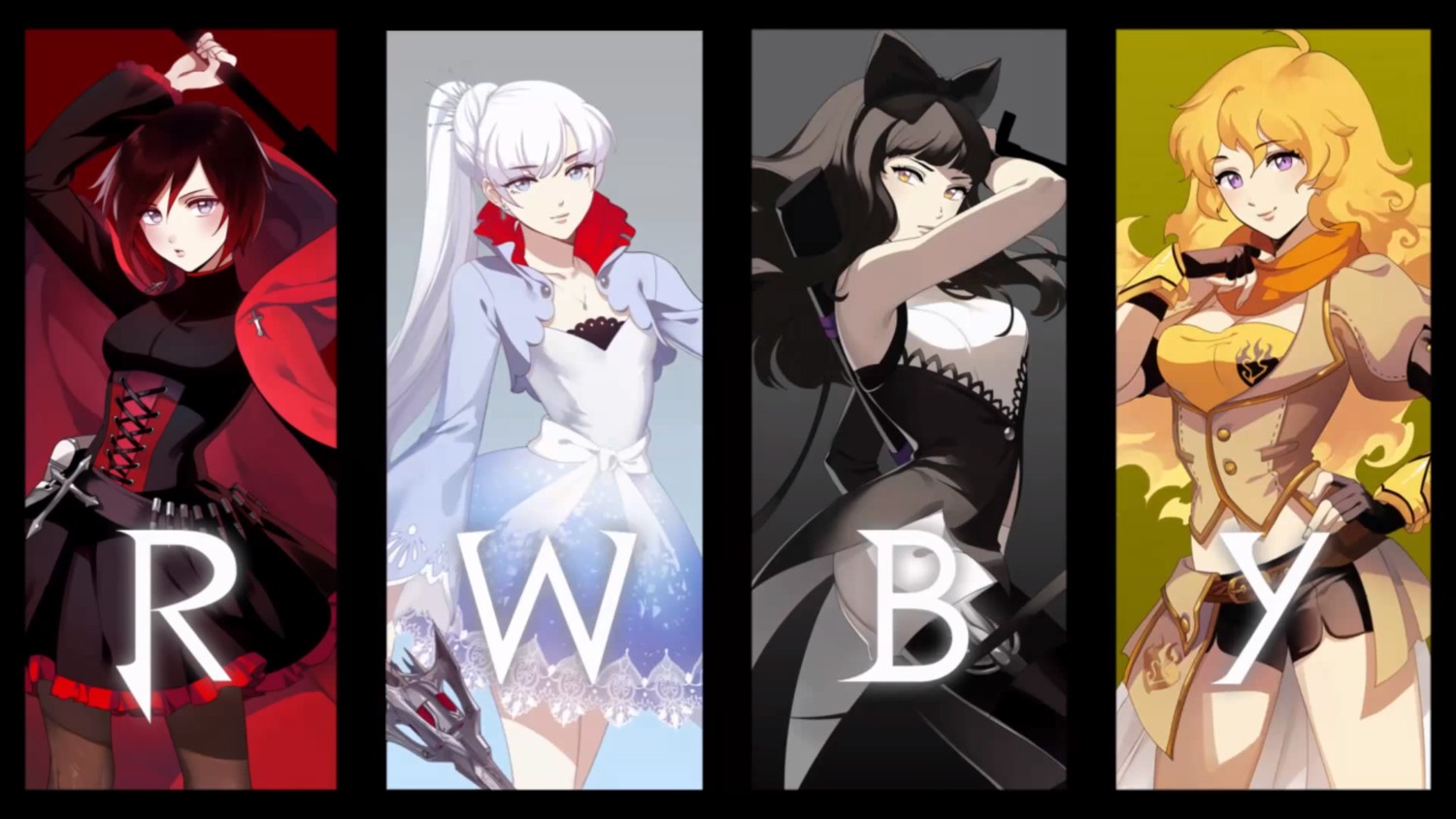 blake_belladonna, dress, monty_oum, pantyhose, ruby_rose, rwby, wallpaper, weapon, weiss_schnee, yang_xiao_long
