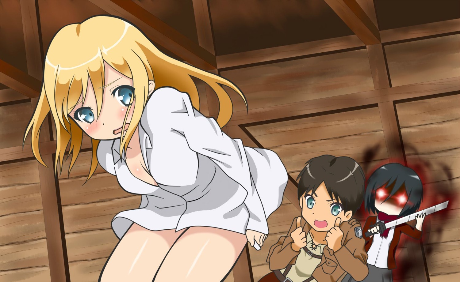 bottomless, christa_lenz, dress_shirt, eren_jaeger, hentai_ouji_to_warawanai_neko, mikasa_ackerman, parody, shingeki_no_kyojin, sword, tok1t0ki