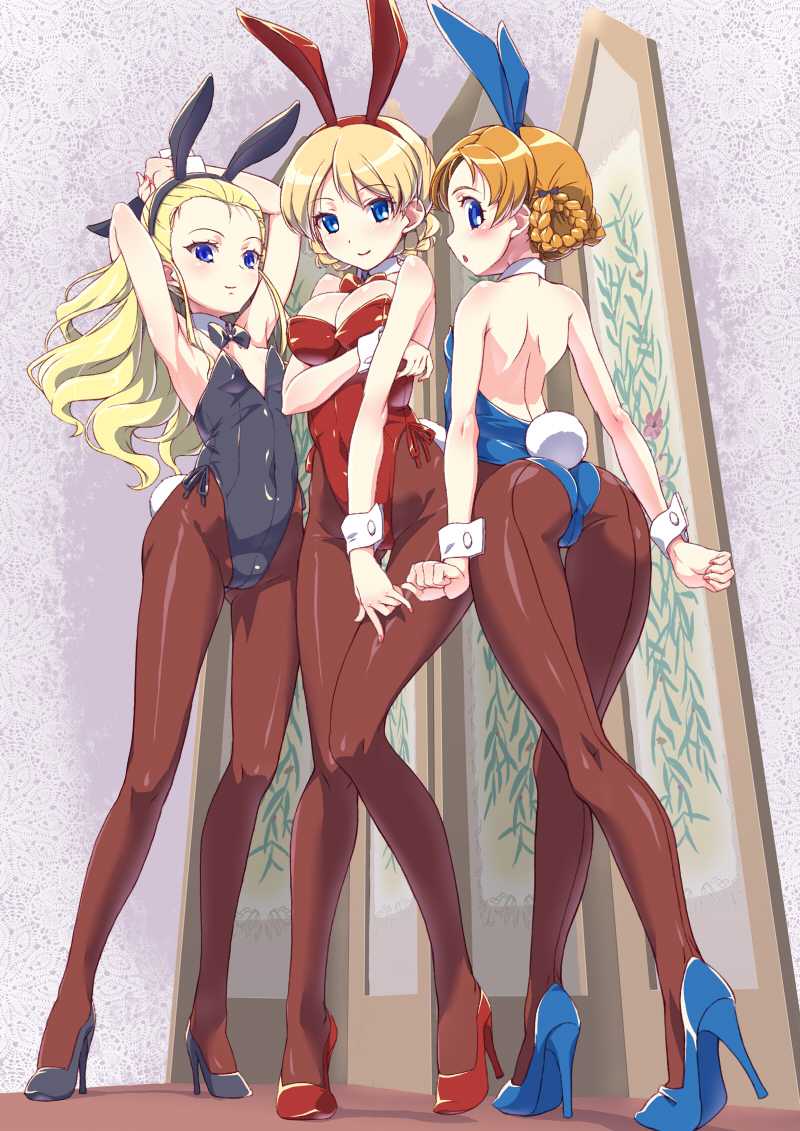 animal_ears, assam, breast_hold, bunny_ears, bunny_girl, cleavage, darjeeling, girls_und_panzer, orange_pekoe, pantyhose, senzoc, tail