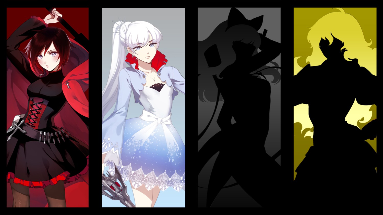 blake_belladonna, dress, monty_oum, pantyhose, ruby_rose, rwby, wallpaper, weapon