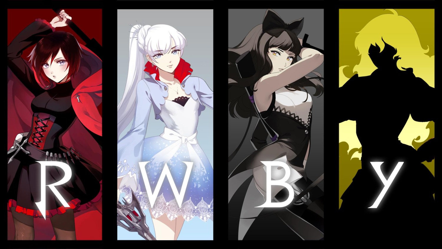 blake_belladonna, dress, monty_oum, pantyhose, ruby_rose, rwby, wallpaper, weapon, weiss_schnee, yang_xiao_long