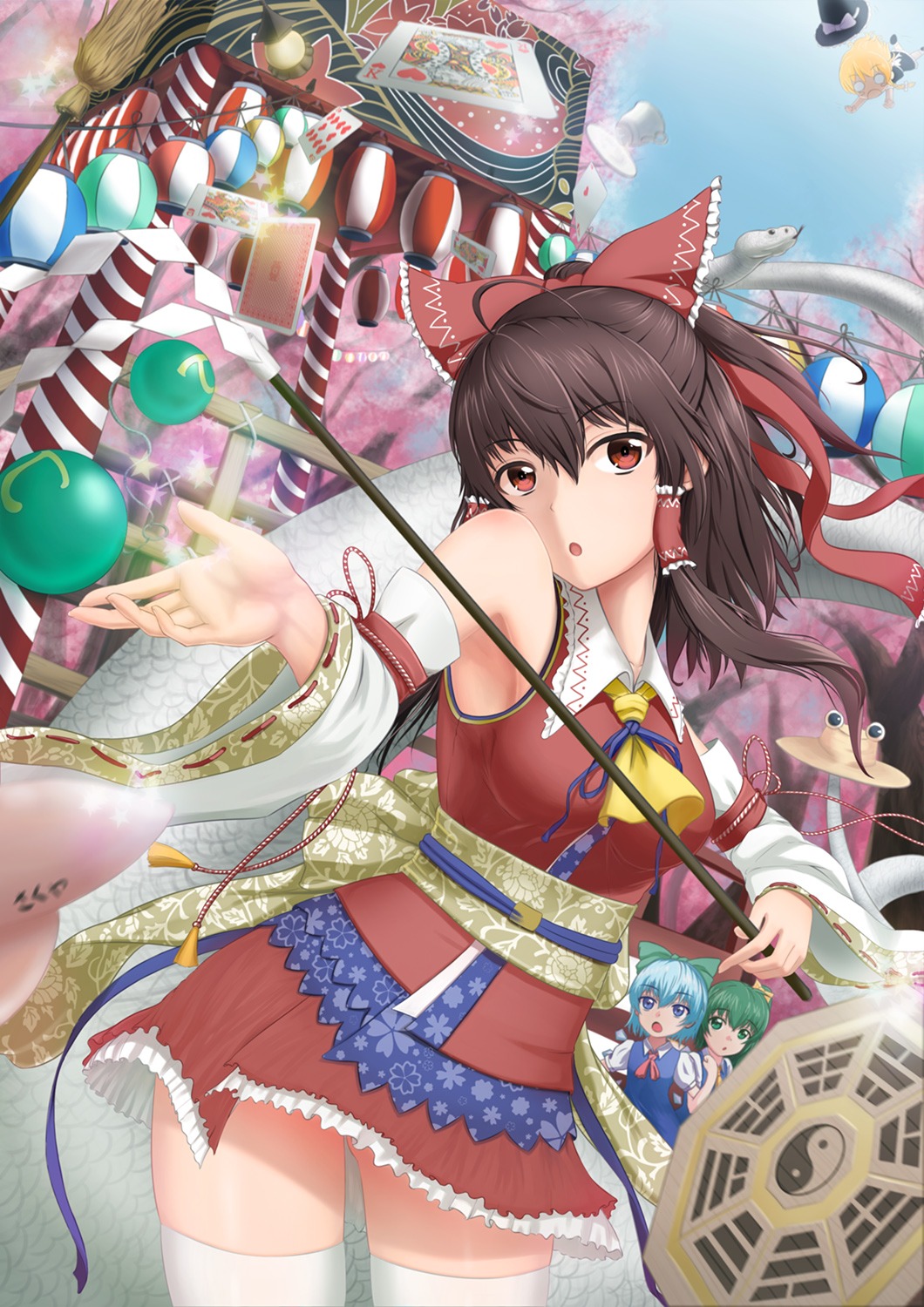 cirno, daiyousei, hakurei_reimu, kirisame_marisa, lemoo, miko, moriya_suwako, thighhighs, touhou