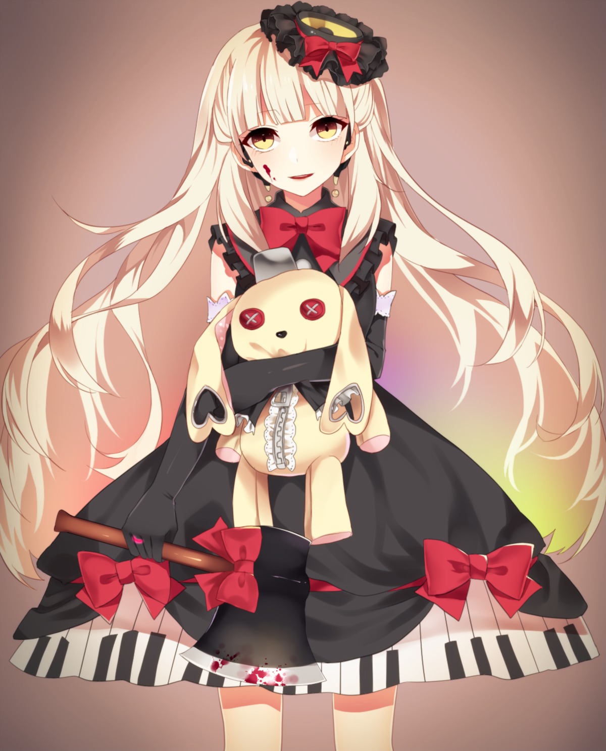 blood, dress, kazarimori, mayu_(vocaloid), vocaloid, weapon, yandere