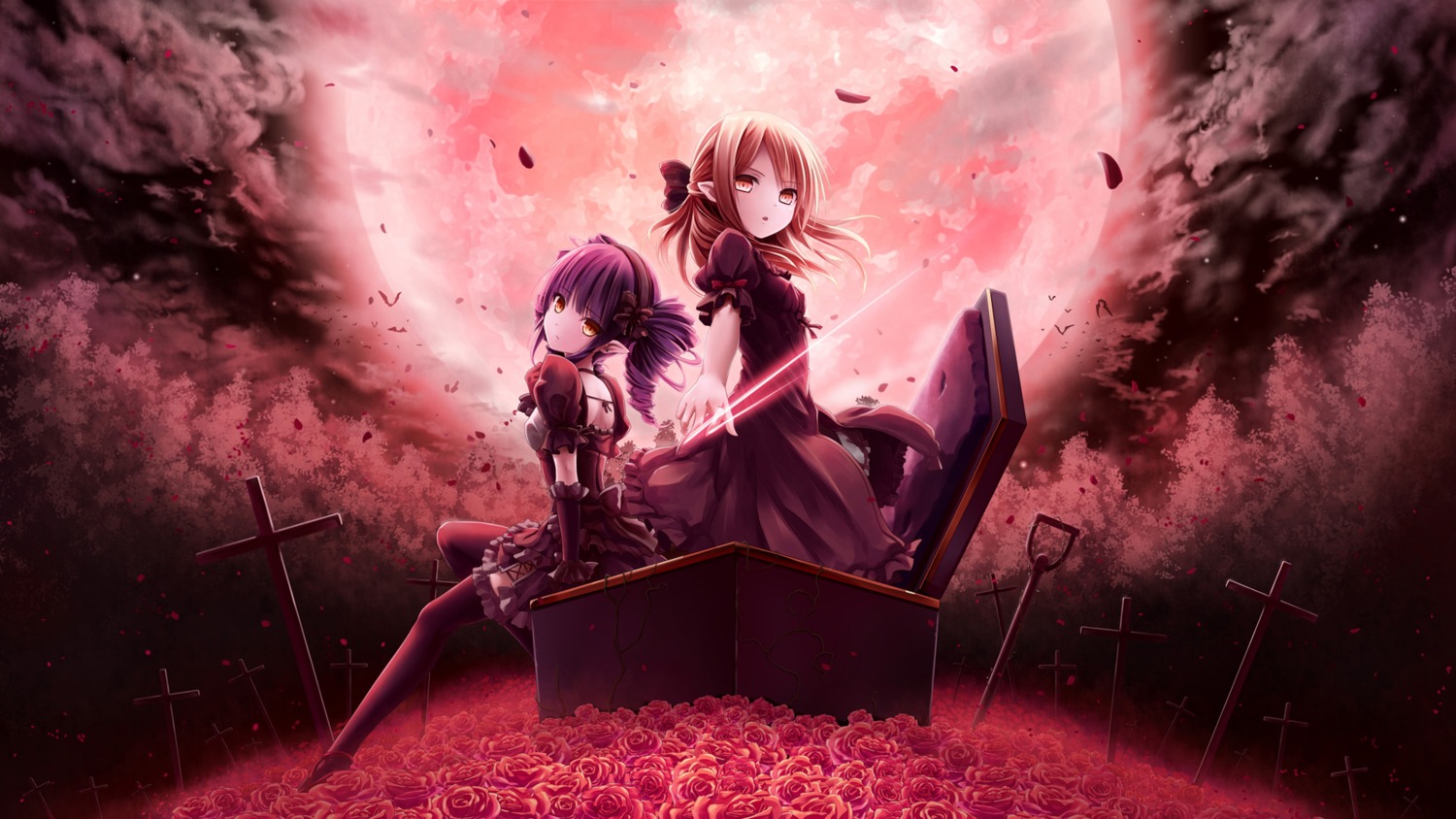 akkijin, dress, gothic_lolita, high_vampire, lolita_fashion, nubee, pointy_ears, shinkai_no_valkyrie, thighhighs, vampire_(shinkai_no_valkyrie), wallpaper