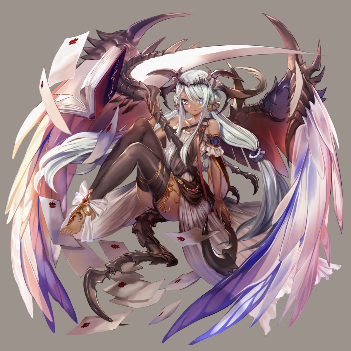 mizushirazu, tail, thighhighs, weapon, wings