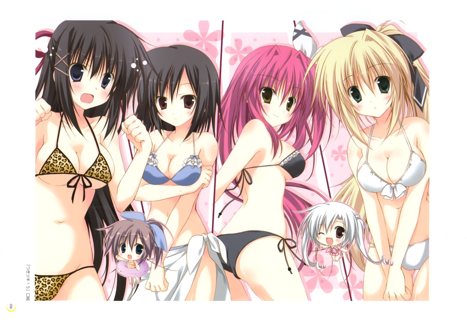 bikini, breast_hold, chibi, cleavage, elni, gogyou_hijiri, kaoru_(tsuki_tsuki), korie_riko, luna_(tsuki_tsuki!), nanjou_nazuna, orangelo_machina, swimsuits, tsuki_tsuki!, underboob