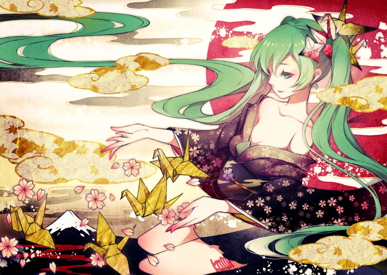 cleavage, hatsune_miku, kimono, open_shirt, reika_(clovia_studio), vocaloid