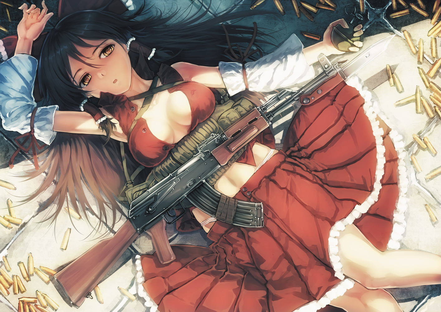 cleavage, gun, hakurei_reimu, no_bra, pantsu, shimapan, siqi_(miharuu), touhou, weapon