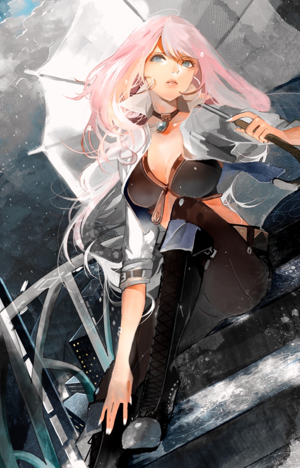 bra, cleavage, hebi, megurine_luka, open_shirt, pantyhose, vocaloid