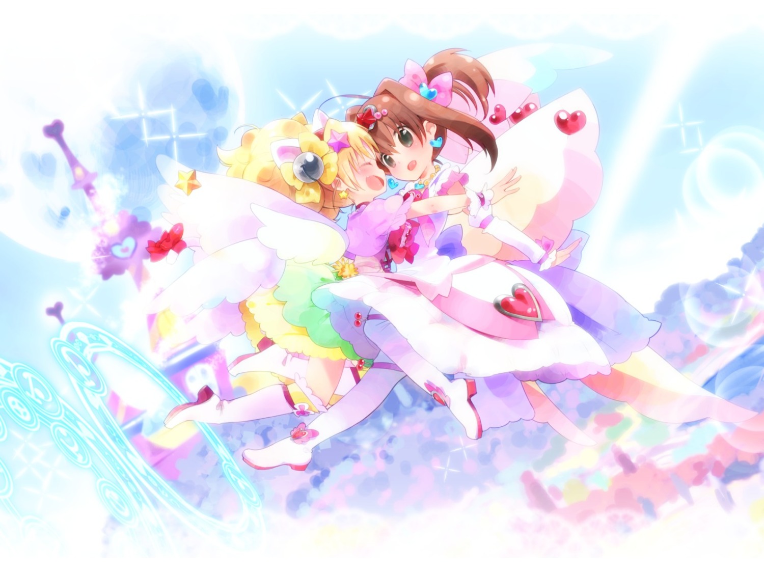 harepore, jewelpet, jewelpet_twinkle, miria_marigold_mackenzie, sakura_akari, thighhighs, wallpaper, yuri