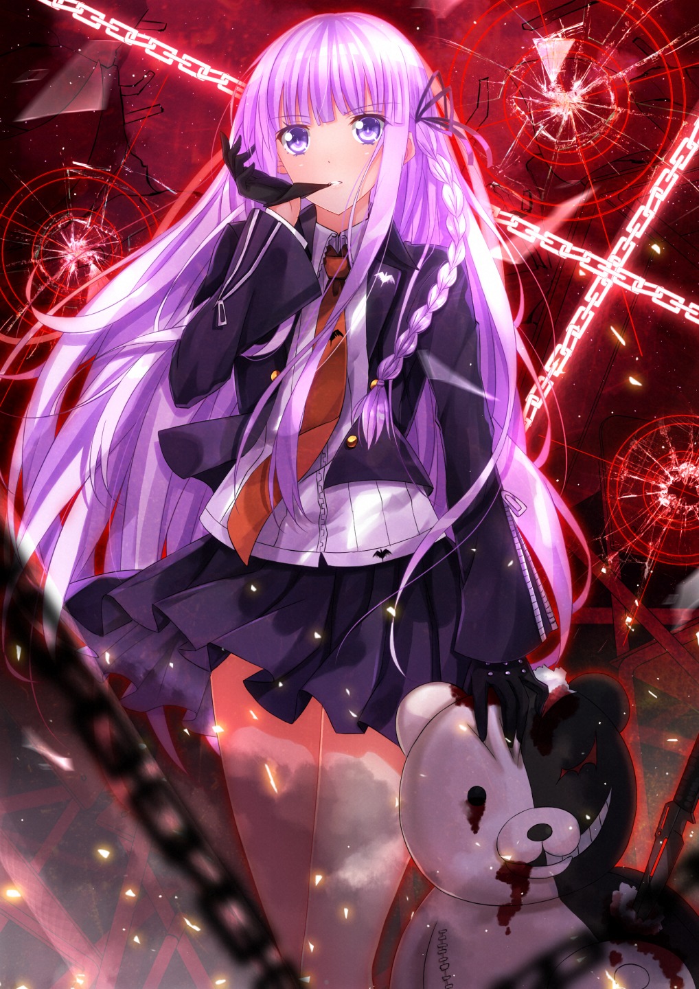 blood, dangan-ronpa, kirigiri_kyouko, monokuma, seifuku, swordsouls, weapon