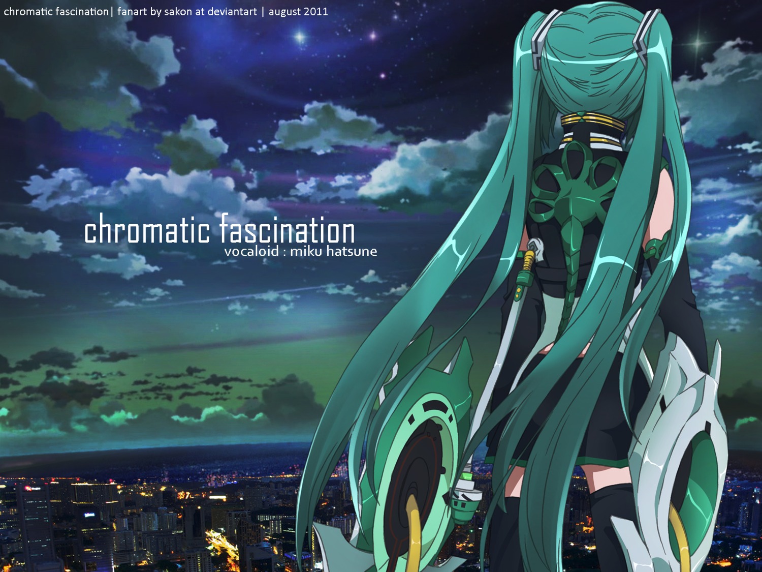hatsune_miku, landscape, sakon, thighhighs, vocaloid, wallpaper, watermark, weapon