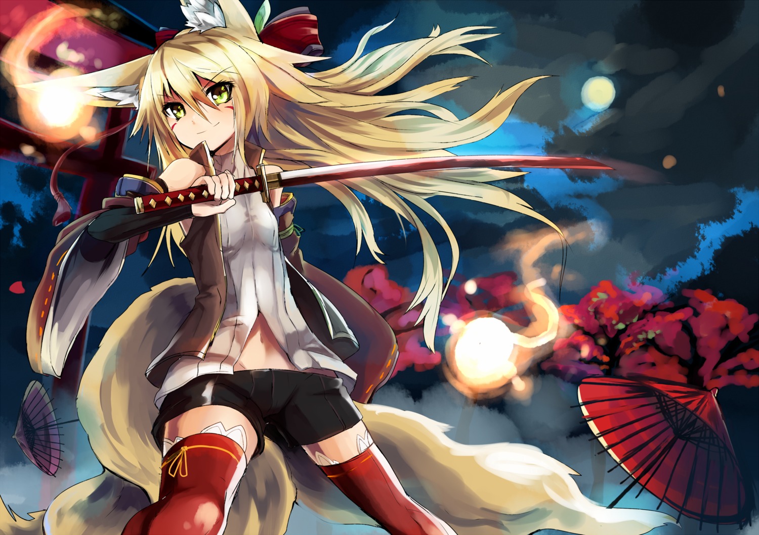 animal_ears, bike_shorts, haik, kitsune, kokonoe_tsubaki, sword, tail, thighhighs