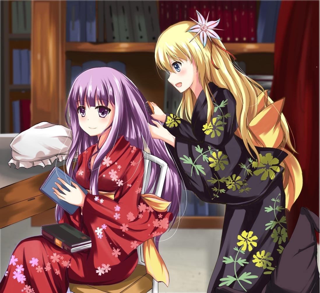 kirisame_marisa, konka, patchouli_knowledge, touhou, yukata, yuri