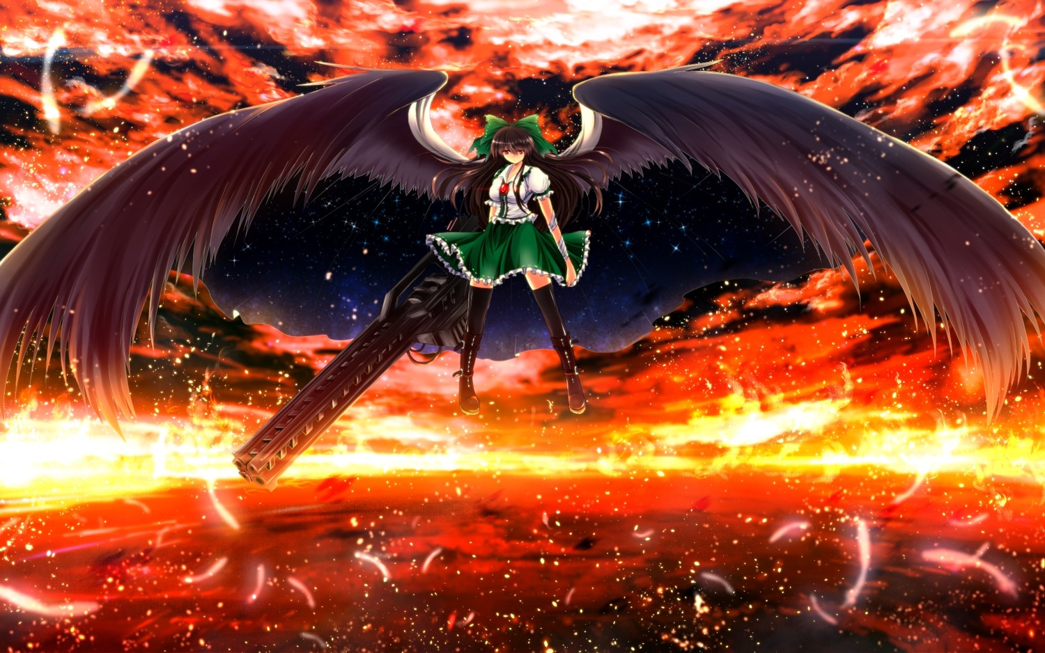 gun, nekominase, reiuji_utsuho, seifuku, thighhighs, touhou, wallpaper, wings