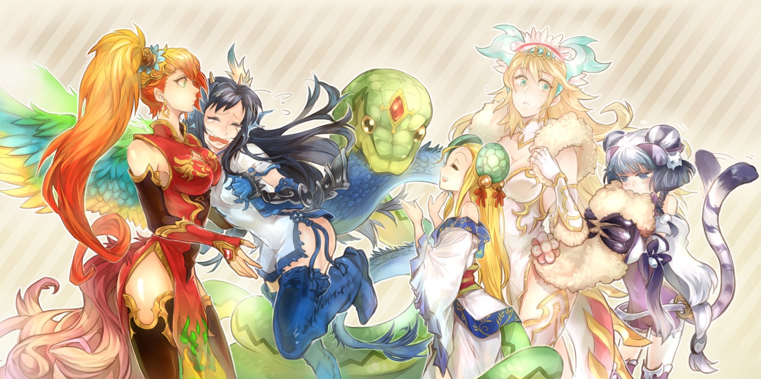 haku_(puzzle_&_dragons), karin_(puzzle_&_dragons), leilan_(p&d), meimei_(p&d), monster, puzzle_&_dragons, sabamaguro, sakuya_(puzzle_&_dragons), stockings, tail, thighhighs, wings