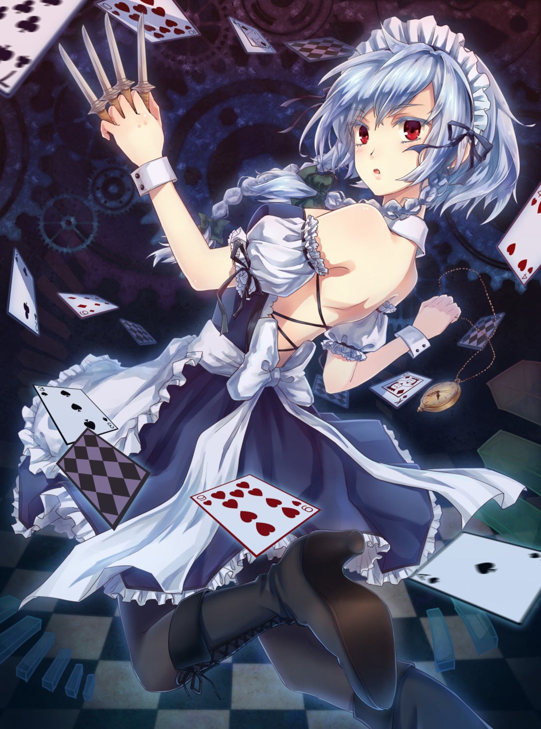 izayoi_sakuya, maid, pantyhose, touhou, weapon, yezhi_na