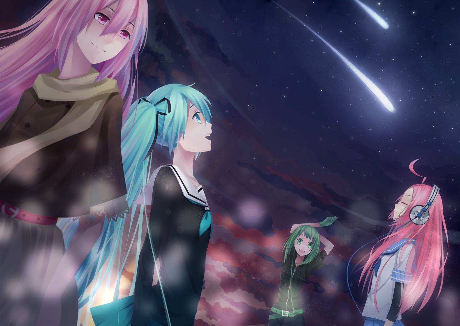 gumi, hatsune_miku, headphones, megurine_luka, miki_(vocaloid), seifuku, sougishi_ego, vocaloid