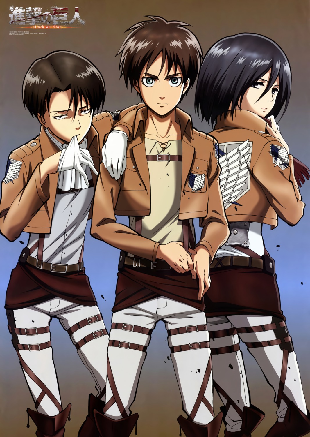 eren_jaeger, levi_ackerman, mikasa_ackerman, shingeki_no_kyojin, uniform, yamada_ayumi_(ayame)