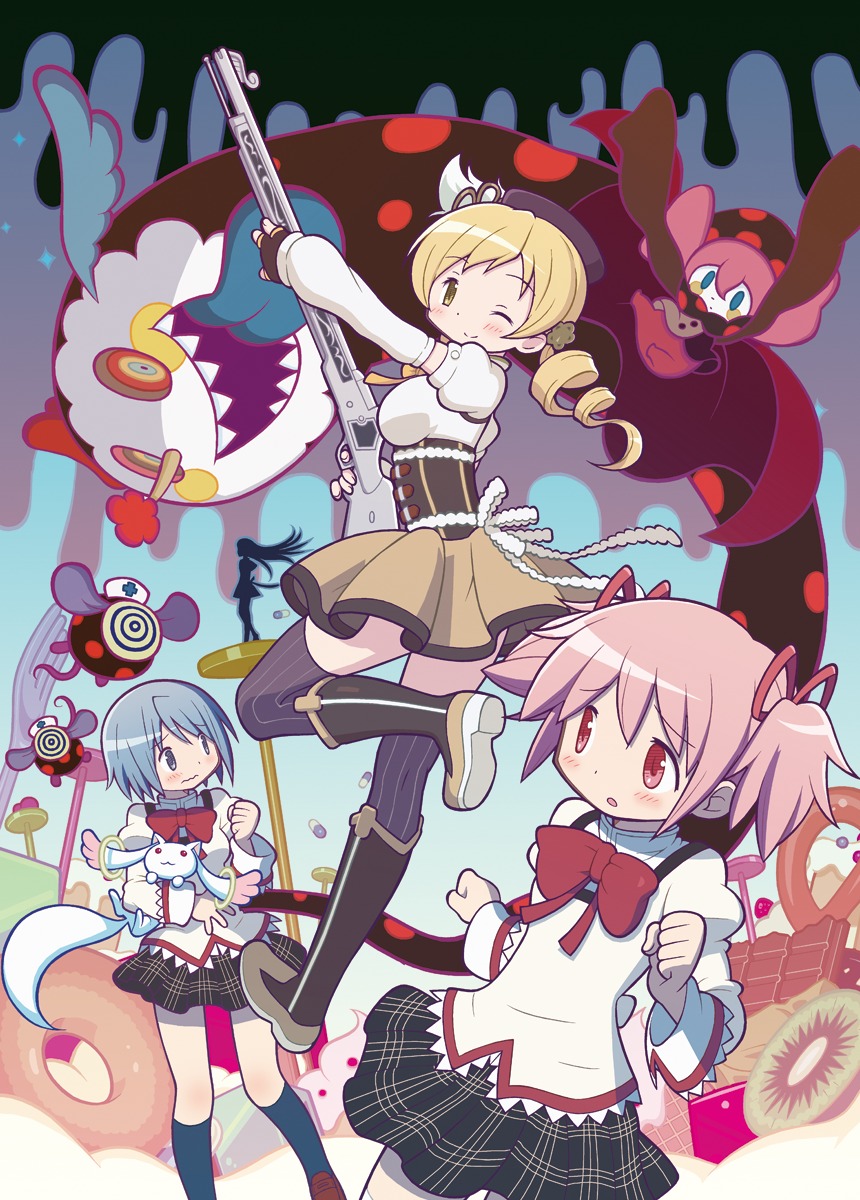 akemi_homura, charlotte_(madomagi), gecchu, gun, kaname_madoka, kyubey, mahou_shoujo_madoka_magica, miki_sayaka