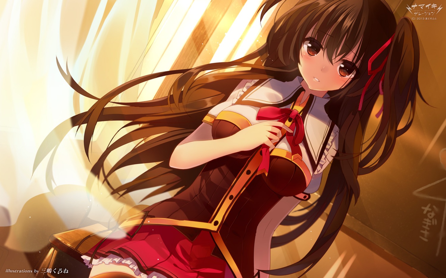 madosoft, mishima_kurone, namaiki_delation, seifuku, shinkai_nagisa, thighhighs, wallpaper