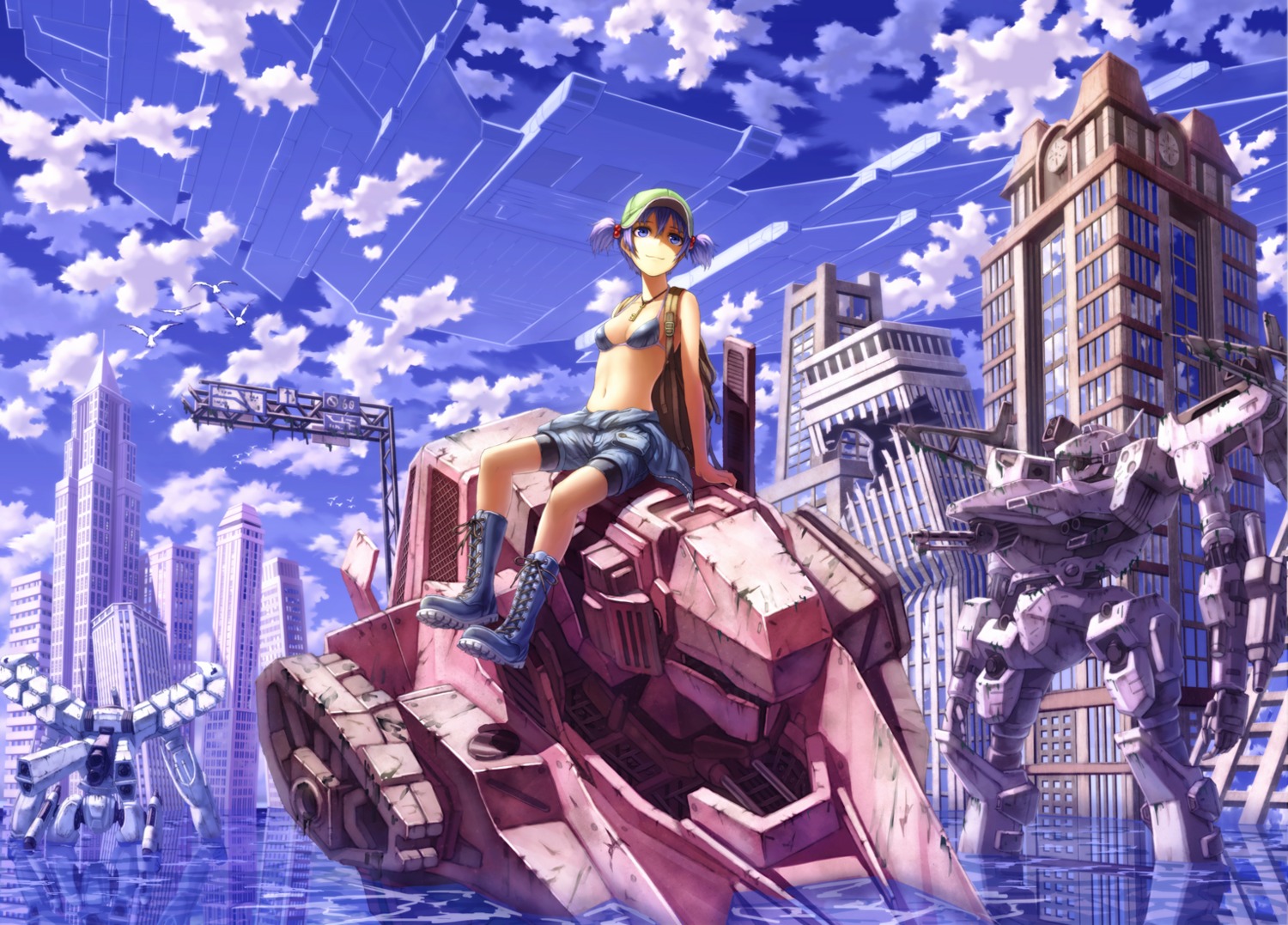 armored_core, armored_core:_for_answer, bikini_top, cleavage, kawashiro_nitori, kurione, landscape, mecha