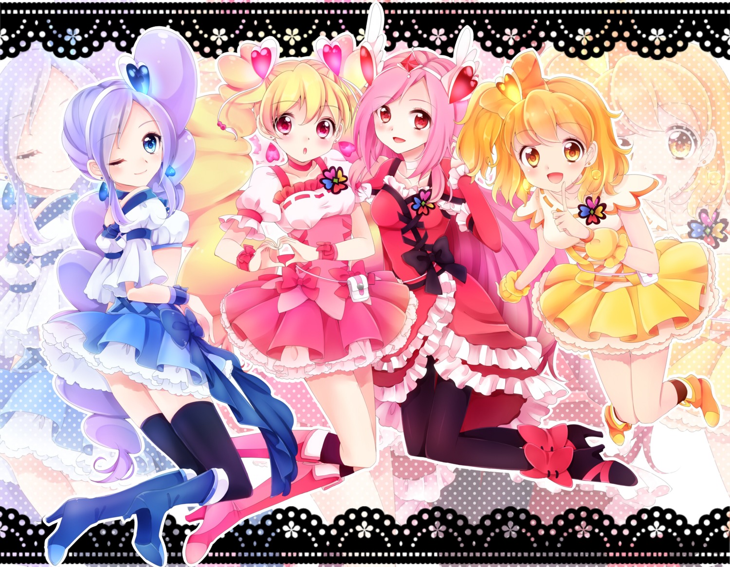 aono_miki, fresh_precure!, higashi_setsuna, momozono_love, pantyhose, precure, thighhighs, uduki-shi