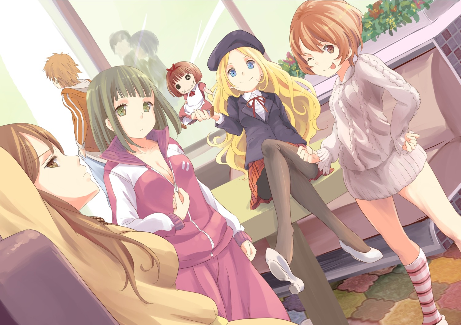 cleavage, frenda_seivelun, hamazura_shiage, hpflower, kinuhata_saiai, mugino_shizuri, pantyhose, seifuku