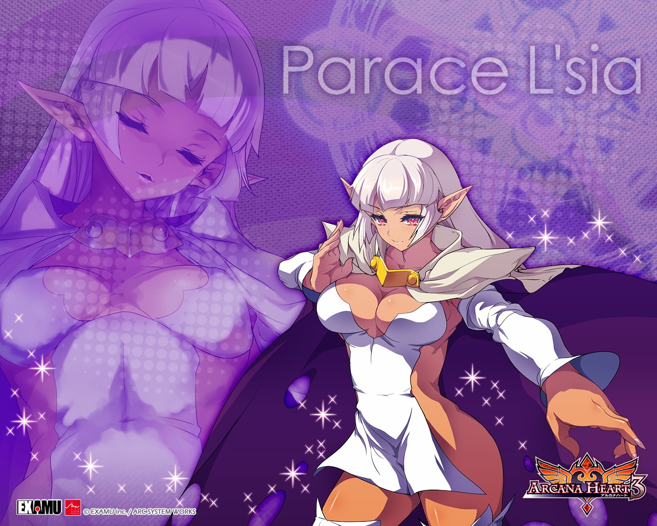 akaga_hirotaka, arcana_heart, arcana_heart_3, cleavage, elf, parace_l'sia, pointy_ears, wallpaper