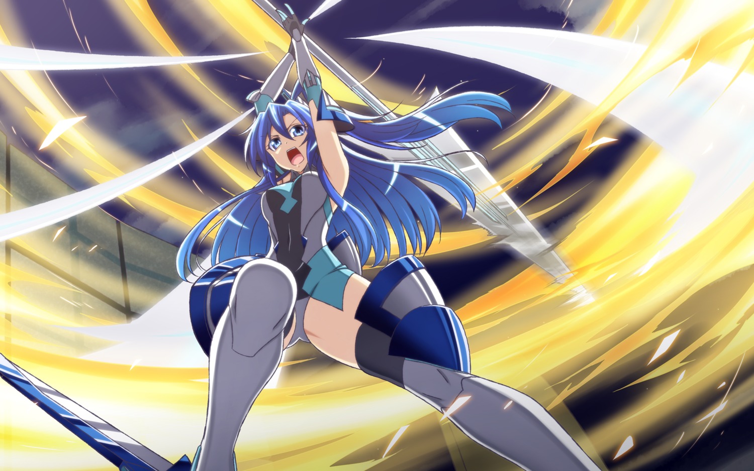bodysuit, h-new, kazanari_tsubasa, senki_zesshou_symphogear, senki_zesshou_symphogear_g, thighhighs, wallpaper, weapon