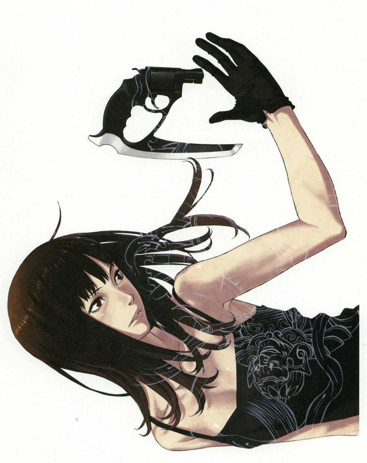 dress, gun, karasuma_kyouko, karasuma_kyouko_no_jikenbo, kozaki_yuusuke, scanning_artifacts, weapon