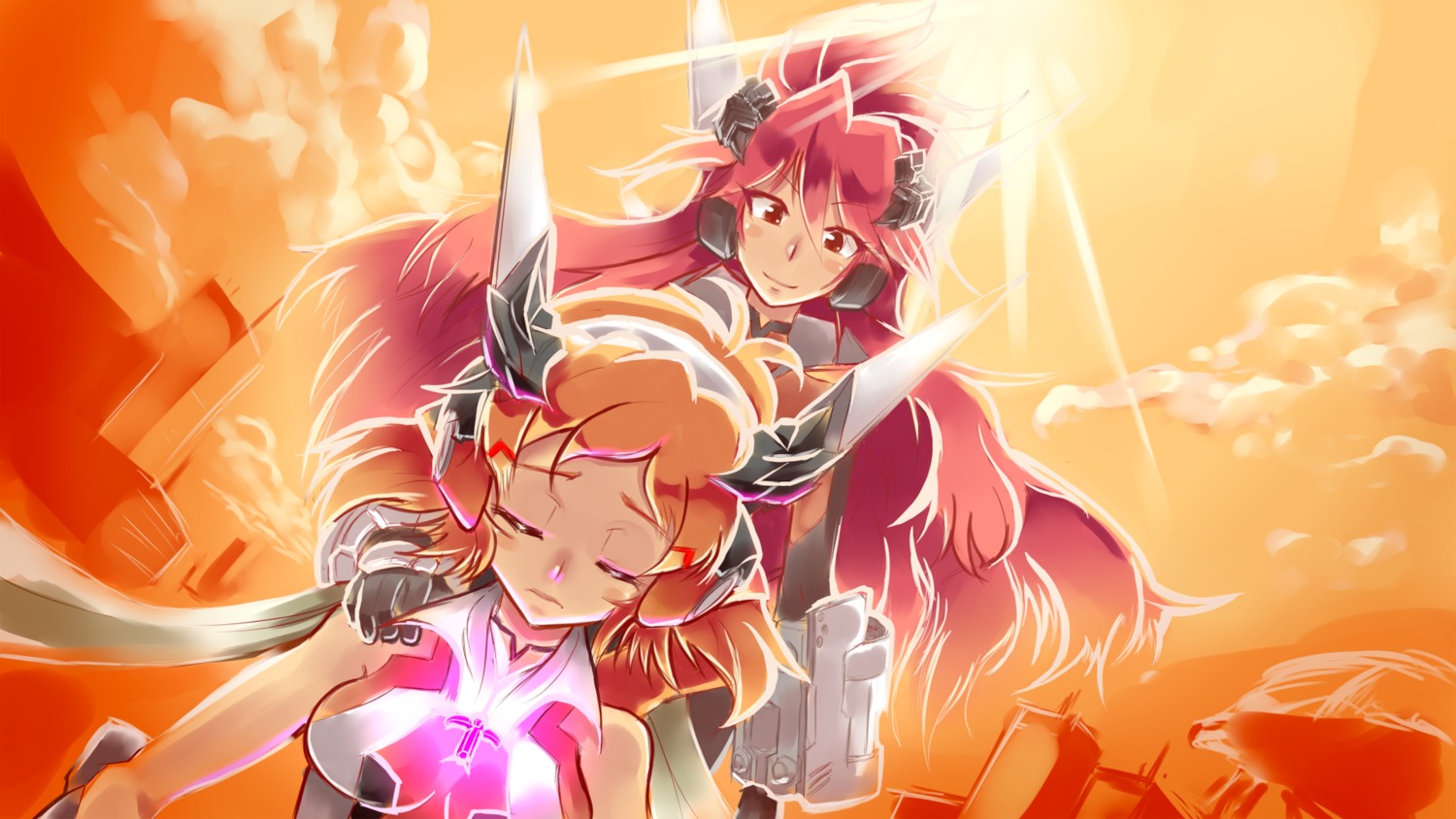 amou_kanade, bodysuit, sau, senki_zesshou_symphogear, tachibana_hibiki, wallpaper