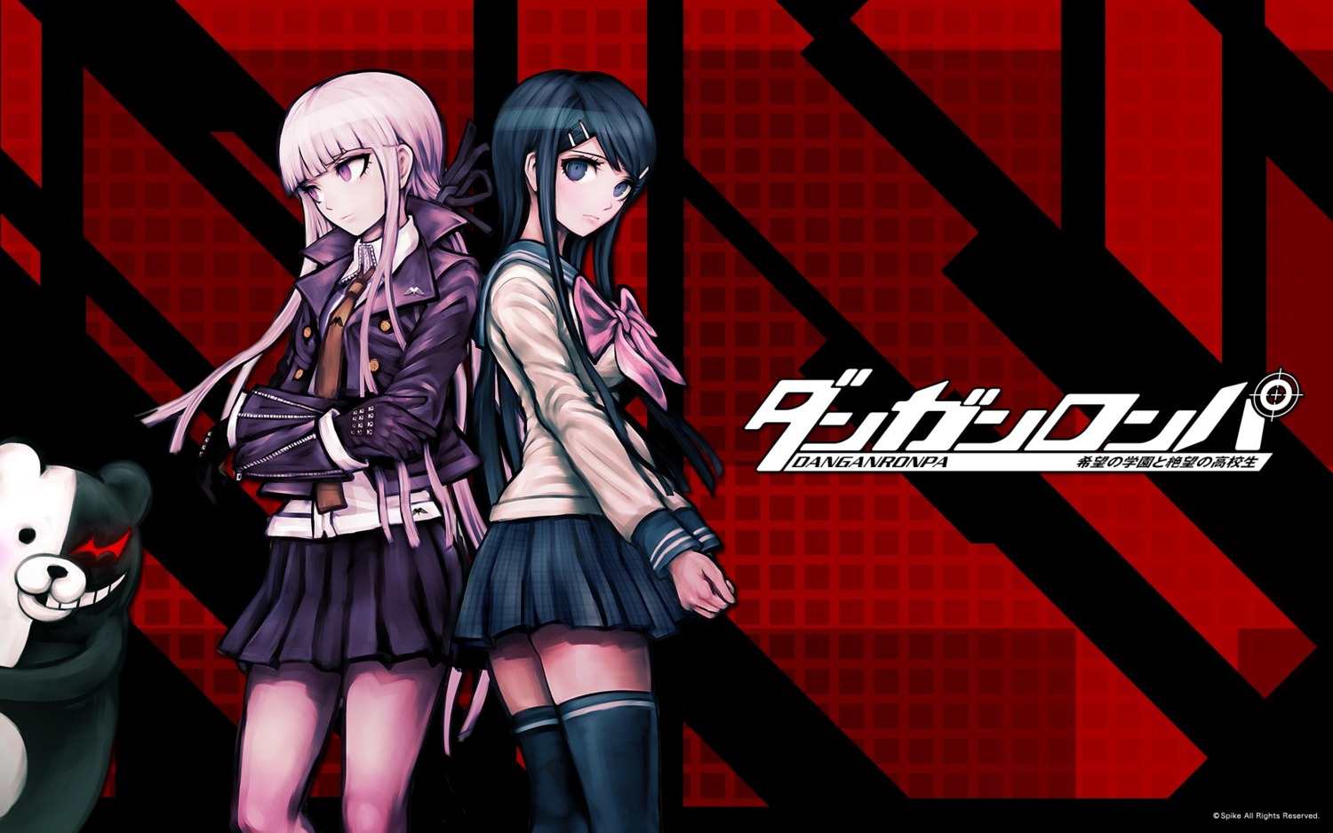 dangan-ronpa, kirigiri_kyouko, komatsuzaki_rui, maizono_sayaka, monokuma, seifuku, thighhighs, wallpaper