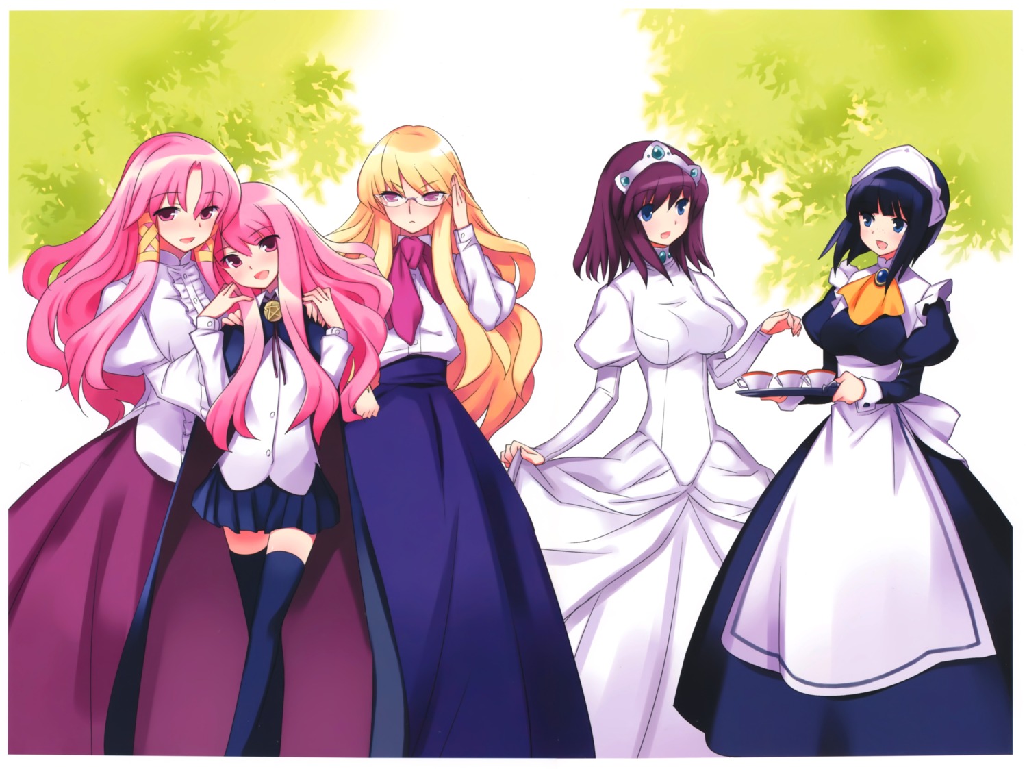cattleya_(zero_no_tsukaima), dress, elenor, henrietta_de_tristain, louise_francoise_le_blanc_de_la_valliere, maid, megane, seifuku, siesta, thighhighs, usatsuka_eiji, zero_no_tsukaima