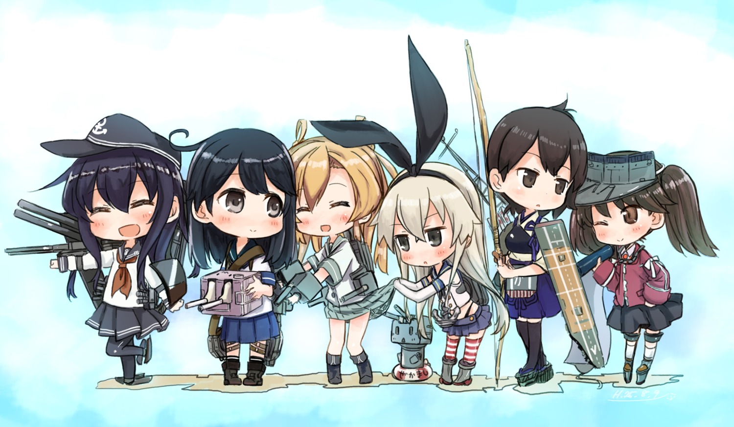abe_kanari, abukuma_(kancolle), akatsuki_(kancolle), chibi, kaga_(kancolle), kantai_collection, pantyhose, rensouhou-chan, ryuujou_(kancolle), seifuku, shimakaze_(kancolle), thighhighs, ushio_(kancolle)