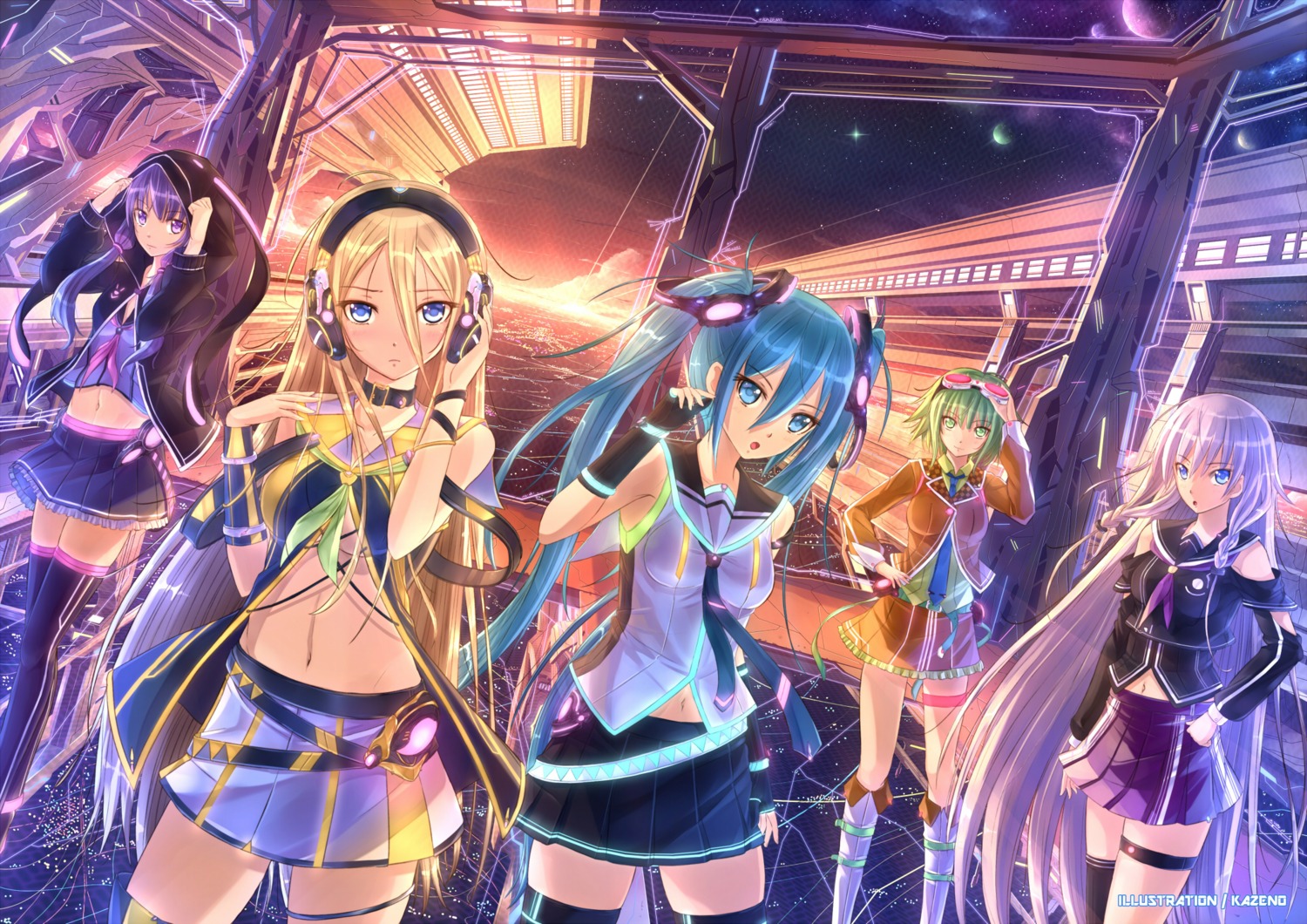 gumi, hatsune_miku, headphones, ia_(vocaloid), kazeno, lily_(vocaloid), seifuku, thighhighs