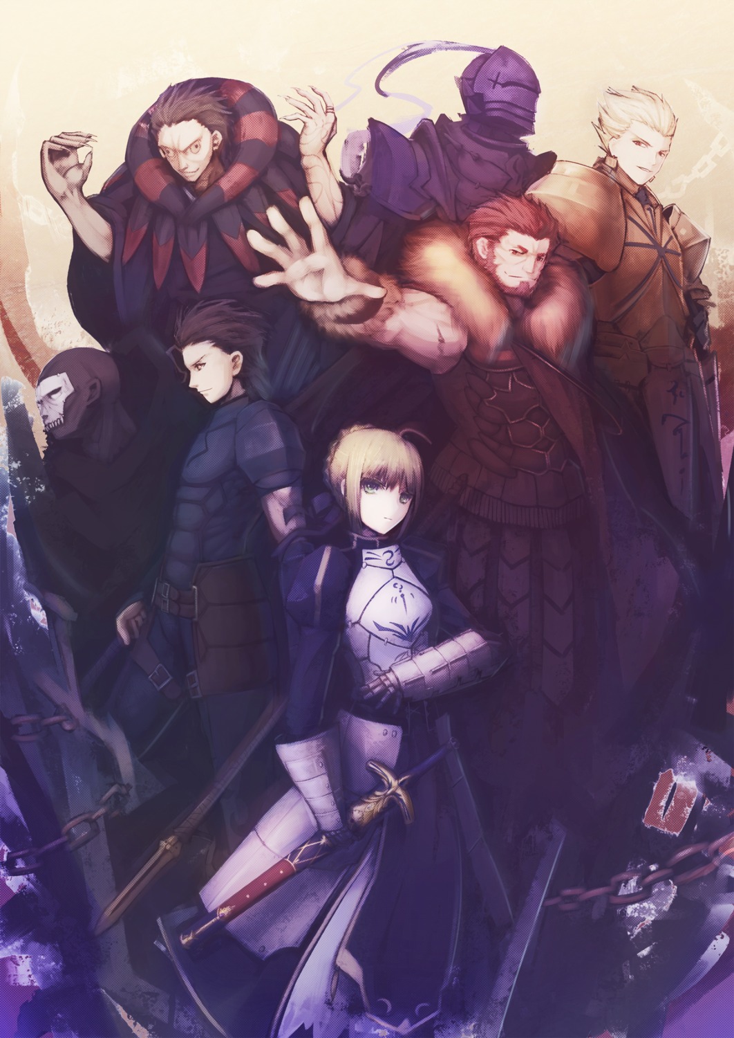 armor, artoria_pendragon_(fate), assassin_(fate/zero), diarmuid_ua_duibhne_(fate), fate/stay_night, fate/zero, gilgamesh_(fate), gilles_de_rais_(fate)