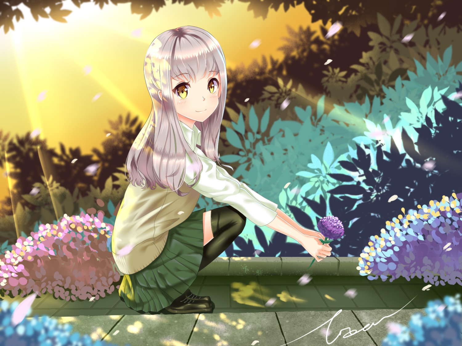 landscape, seifuku, thighhighs, totem, wallpaper