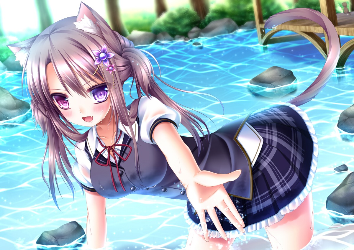 animal_ears, heterochromia, nekomimi, seifuku, shitou, tail, wet, wet_clothes