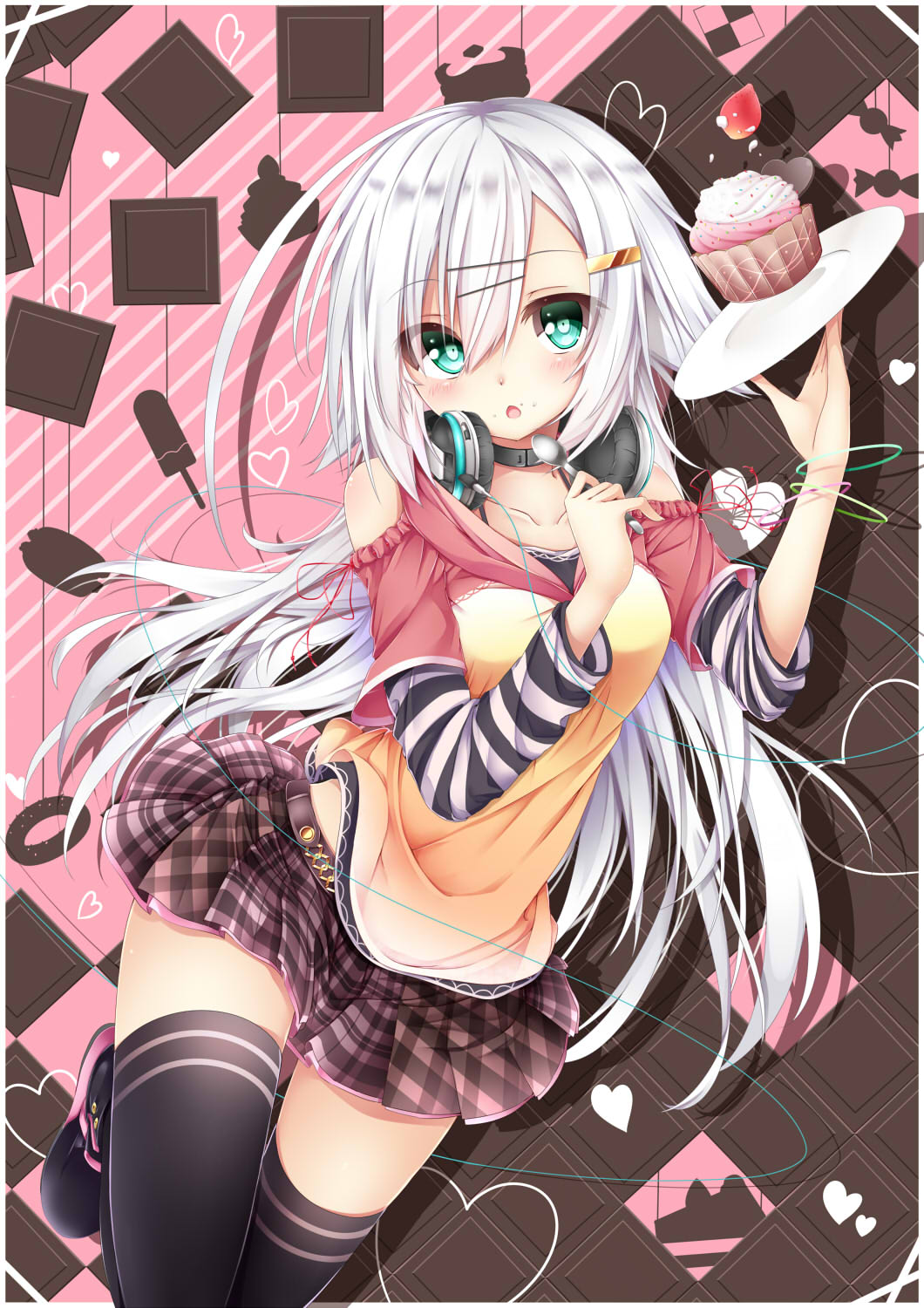 chabaneko, headphones, shifiru, thighhighs