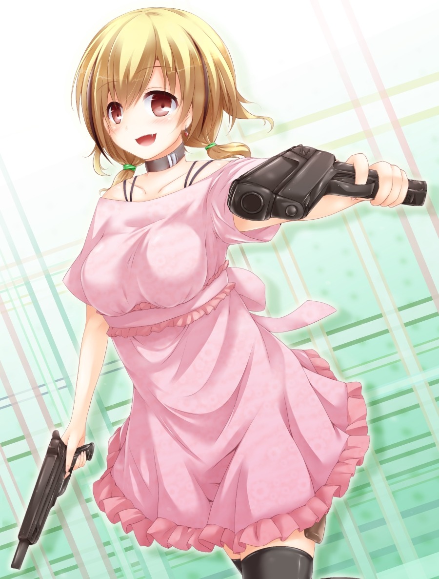 chro, dress, gun, summer_dress, thighhighs