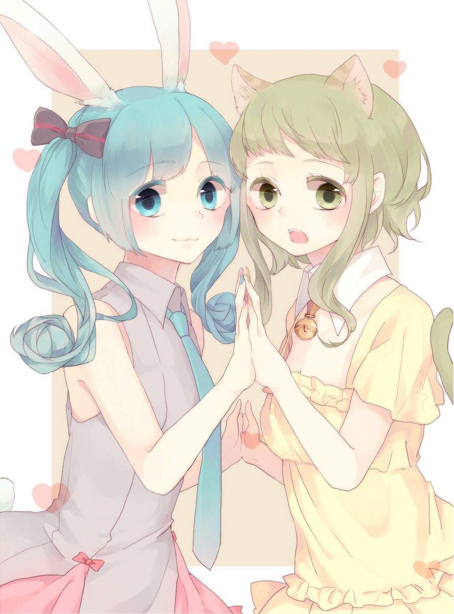 animal_ears, bunny_ears, dress, gumi, hatsune_miku, hina_(kirakira), nekomimi, summer_dress