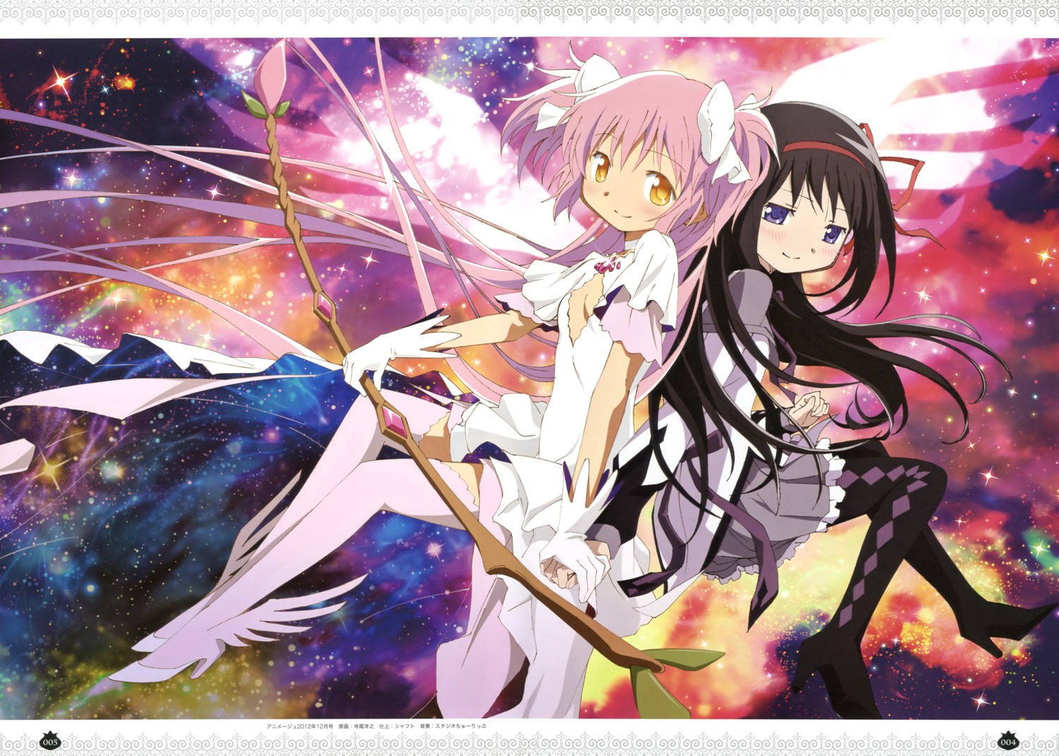 akemi_homura, dress, heels, kaname_madoka, mahou_shoujo_madoka_magica, pantyhose, terao_hiroyuki, thighhighs, ultimate_madoka, weapon, wings